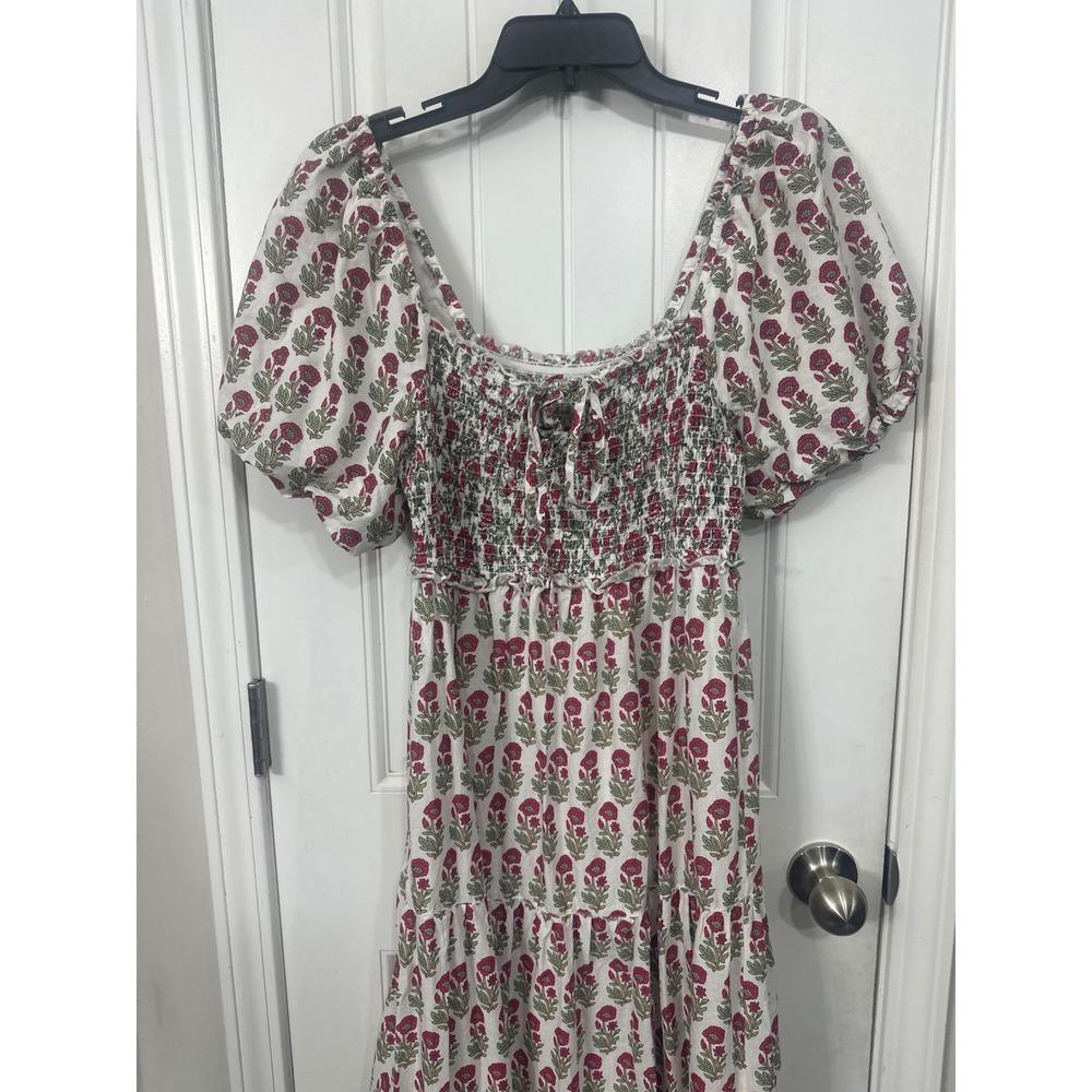 And Now This Womens Floral Smocked Puff Sleeve Tiered Maxi Dress Pink White L